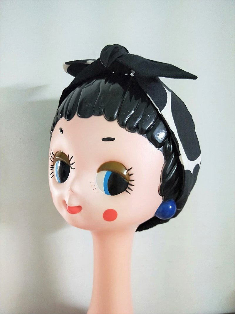 Tie-up headband-elasticity-Japanese big polka dot black - Headbands - Cotton & Hemp Black