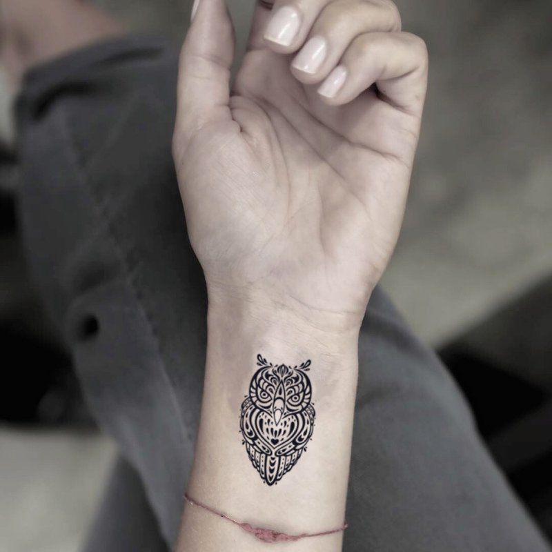 OhMyTat 波希米亞民族風貓頭鷹動物刺青圖案紋身貼紙 (2枚) - 紋身貼紙 - 紙 黑色