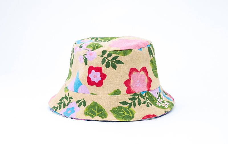 Hard double-sided flower fisherman hat - spring warm flower opened linen - Hats & Caps - Cotton & Hemp Multicolor