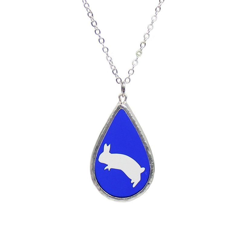 Stained Glass Necklace Droplet Rabbit Jumping / Blue - Necklaces - Glass Blue