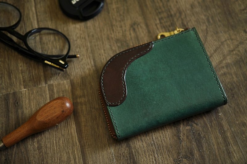 L型拉鏈零錢包 綠＋焦茶 [歐洲植鞣/限量/手縫][17010] - 零錢包/小錢包 - 真皮 綠色