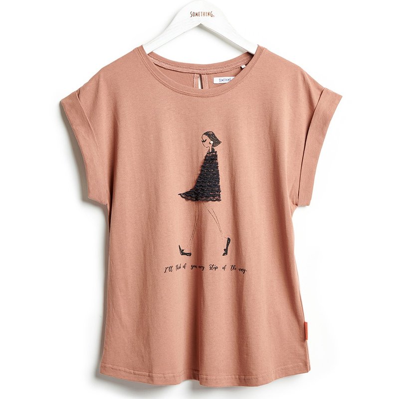 SOMETHING Romantic girl embroidered totem short-sleeved T-shirt (dark red) #衣衣#embroidery - Women's T-Shirts - Cotton & Hemp Pink