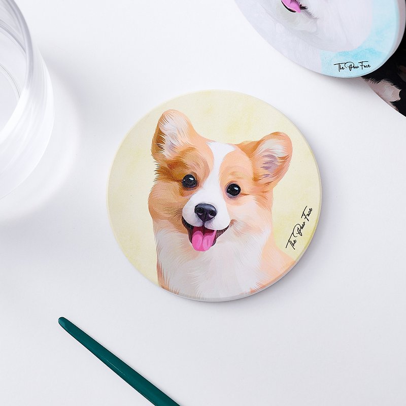 Corgi 2color puppy-round ceramic absorbent coaster/animal/homeware - Coasters - Pottery 