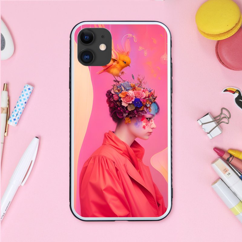 Dreamy and cute coral pink smartphone case featuring a girl in a fairytale-like outfit with flower lover and bird [tempered glass finish] Compatible with iPhone 16 - เคส/ซองมือถือ - พลาสติก หลากหลายสี