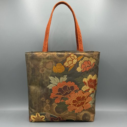 着物 帯 帯締め ハンドメイド トートバッグ リメイク 金 花 六通
