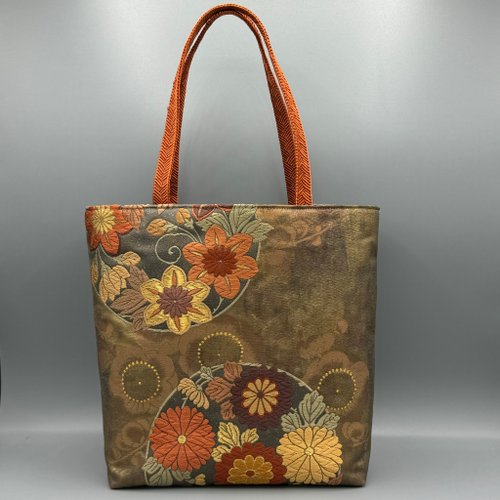 着物 帯 帯締め ハンドメイド トートバッグ リメイク 金 花 六通