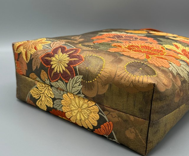 着物 帯 帯締め ハンドメイド トートバッグ リメイク 金 花 六通