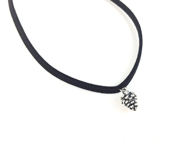 Small Pine Cone Necklace-Silver - Chokers - Genuine Leather Black