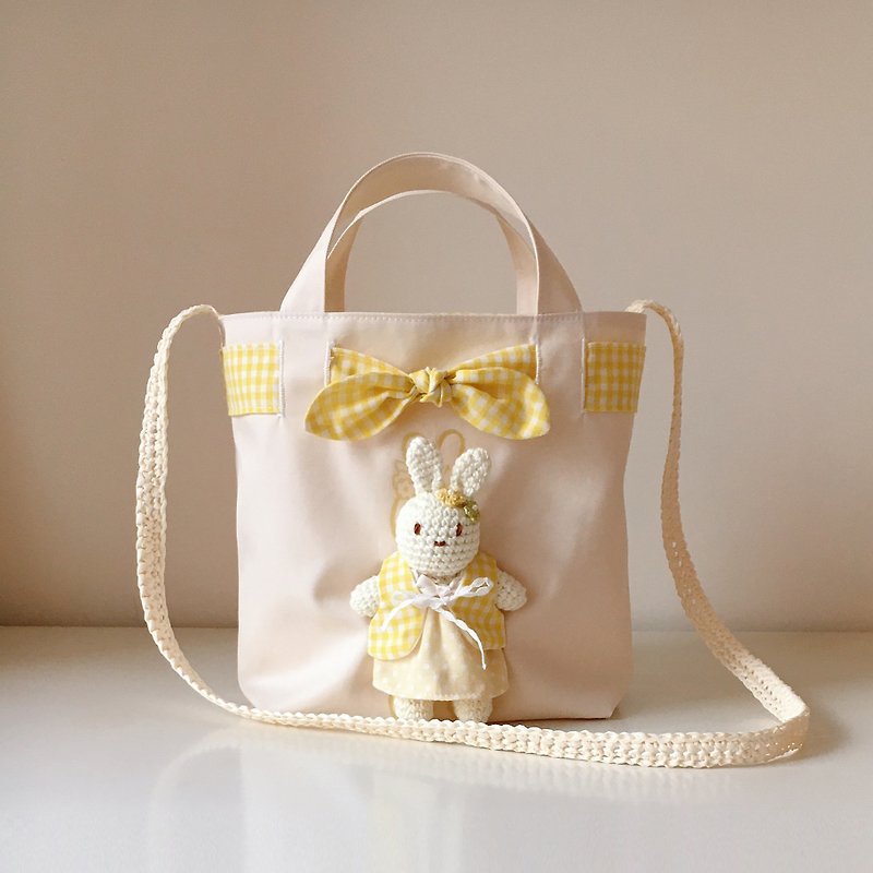 Flower viewing bunny backpack / can be used on both sides / can be picked up and back / customized name - กระเป๋าสะพาย - ผ้าฝ้าย/ผ้าลินิน สีเหลือง
