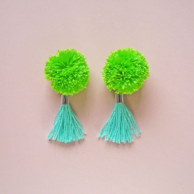 Handmade Earrings with tassel. handmade jewelry. yarn pompom - Earrings & Clip-ons - Polyester Green