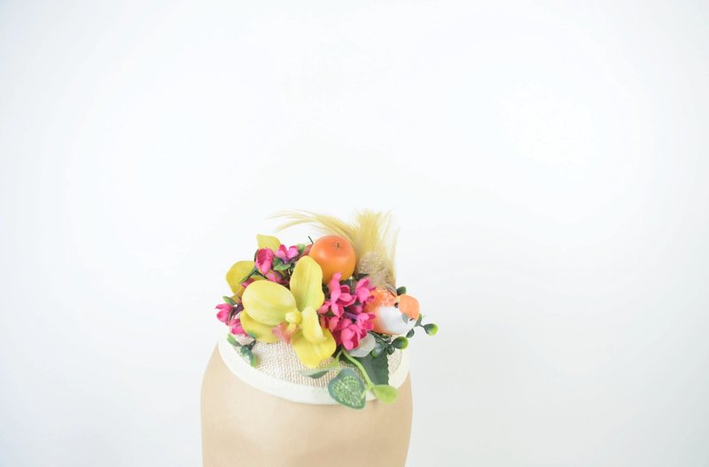 Bright Orchids and Orange Bird Headpiece Fascinator - เครื่องประดับผม - วัสดุอื่นๆ หลากหลายสี