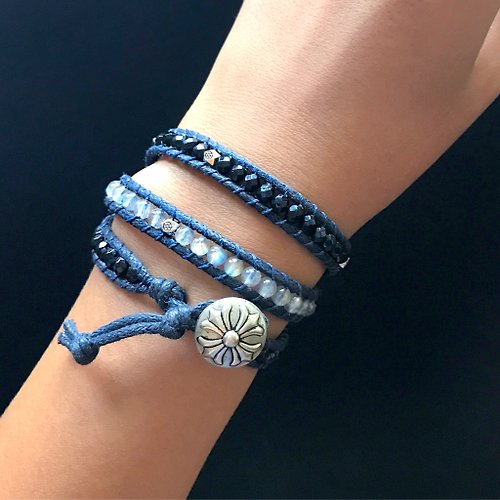 嬉花寶石與銅織 天然石編織手環-藍黑系/三圈 月光石 黑瑪瑙 客製化商品
