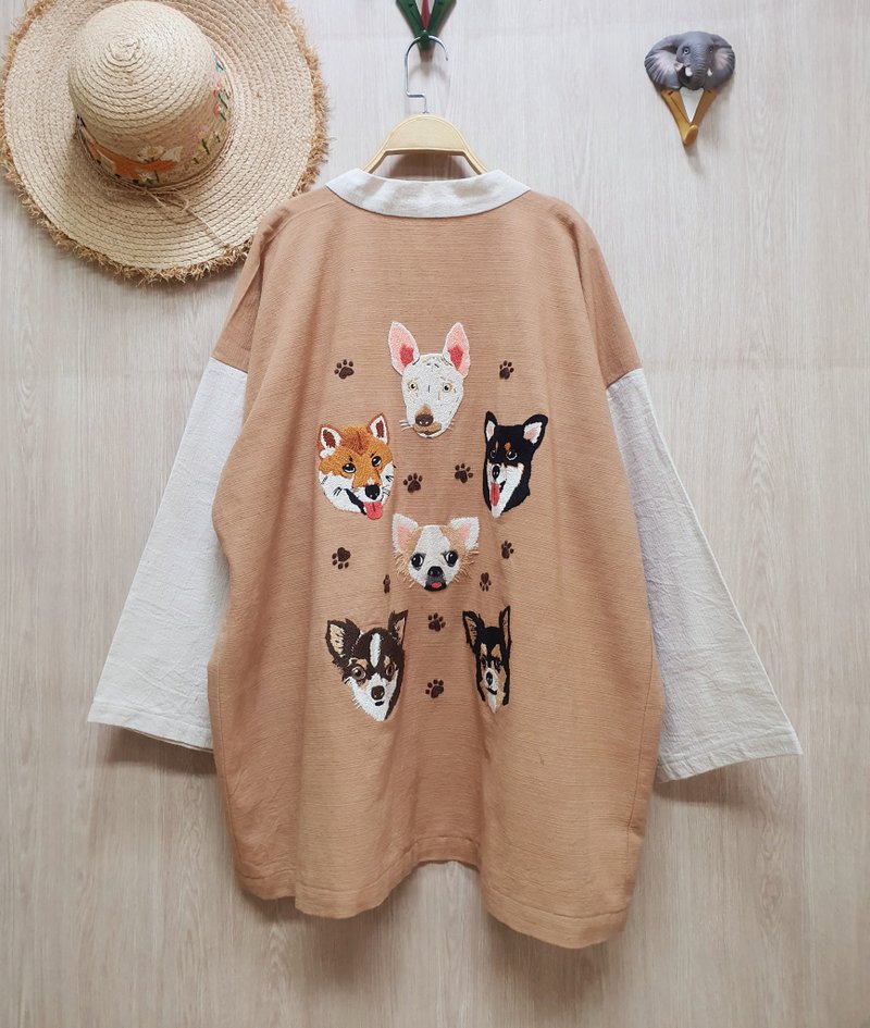 Hand Embroidery Cardigan, Cotton, Dog, Pet (Can change the pattern to your pet) - Women's Casual & Functional Jackets - Thread Khaki