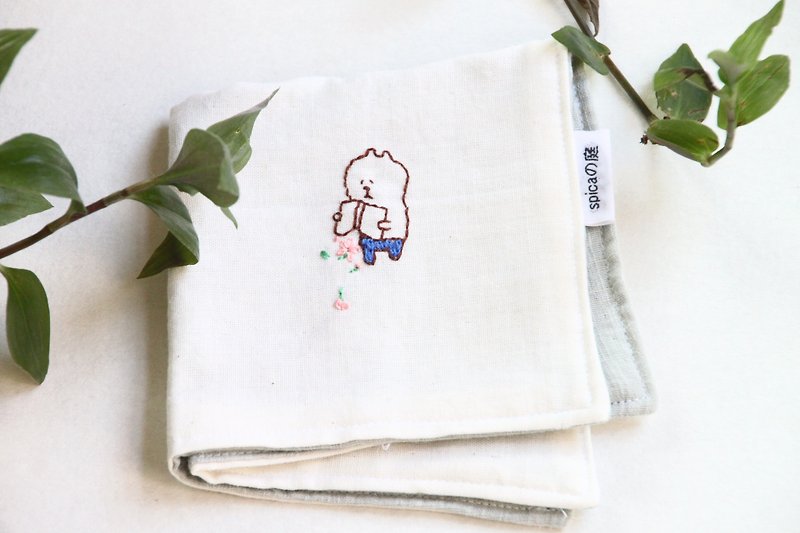 Muu-chan embroidery handkerchief Flower - ผ้าขนหนู - ผ้าฝ้าย/ผ้าลินิน สีเทา