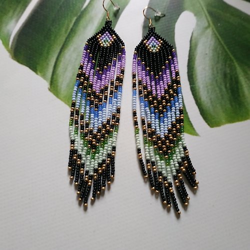 White Bird gallery of exquisite jewelry from Halyna Nalyvaiko Long fringe earrings Long beaded earrings huichol earrings Long geometric earrin