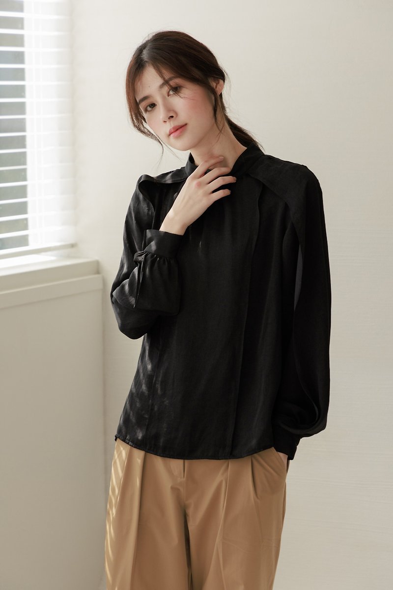 Light's Secret Micro Collar Long Sleeve Top - Tycoon (Black) / Micro Formal / Work Wear - Women's Tops - Polyester Black