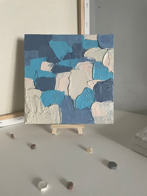 Modern Art by Lena Langer Minimalist Stucco Painting Blue Mosaic Art Abstract Wall Decor 3D Painting