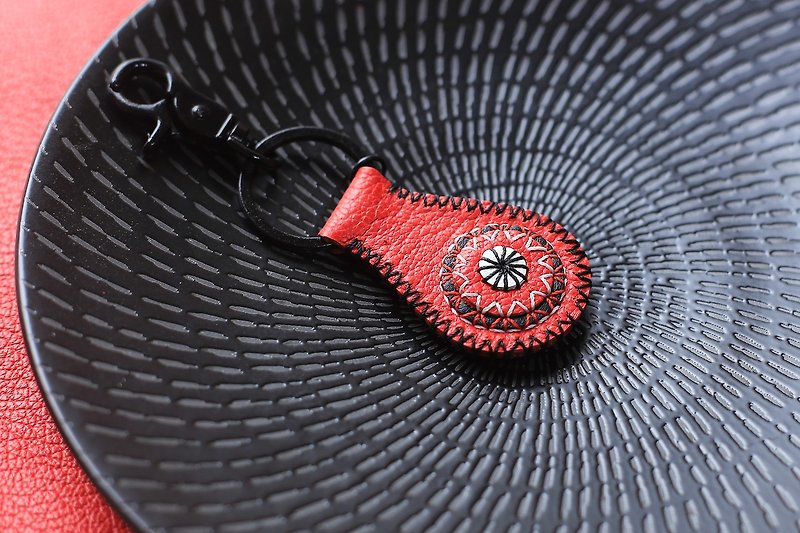 【ESZ原創】水滴鑰匙扣雙面 | 紅 | 真皮全手工縫制 | 拼色刺繡 - 鑰匙圈/鎖匙扣 - 真皮 紅色
