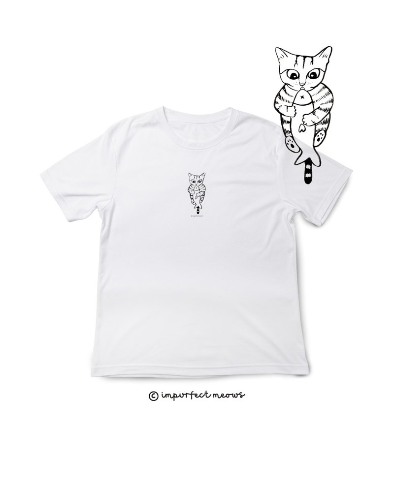 不完美貓咪 Impurfect Meows | 貪吃貓T-Shirt - 白色 - 女 T 恤 - 棉．麻 白色