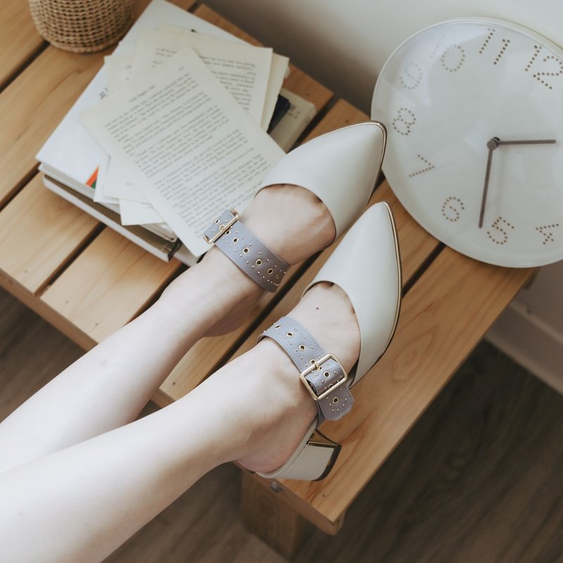 Starry Night Dawn 4cm color-blocked genuine leather high-heeled slippers | Off-white | Taiwanese handmade shoes MIT - รองเท้าส้นสูง - หนังแท้ ขาว