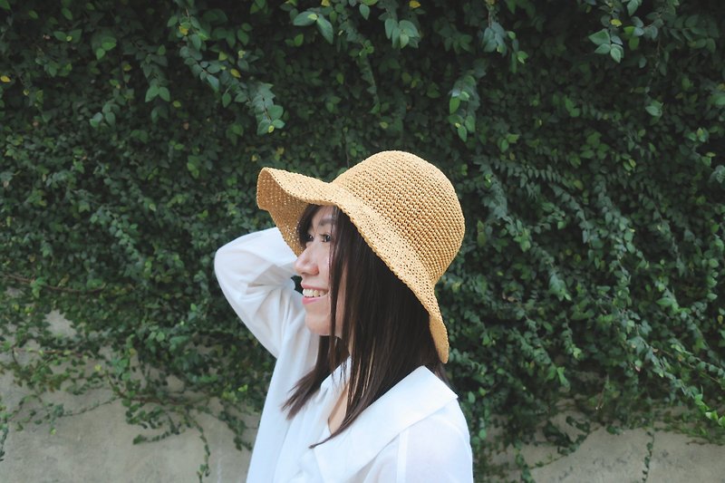 Hand-knitted hat-summer paper rope hat/melon flesh color/gift/mother's day - หมวก - กระดาษ สีส้ม