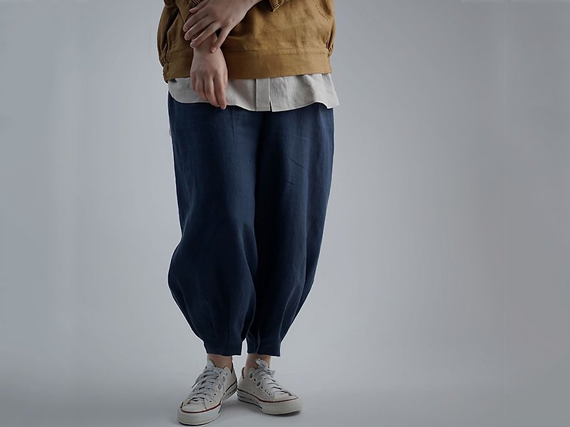 wafu - 純亞麻褲子 Lightweight Harem Pants / Navy Blue b013a-tmk1 - กางเกงขายาว - ลินิน สีน้ำเงิน
