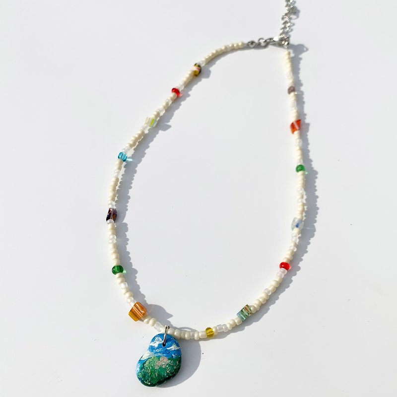 Bead Necklace with Painted clay pendant - Necklaces - Acrylic Multicolor