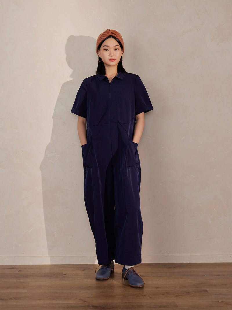 Solo Small Collar Fold Line Jumpsuit-Lullaby - Overalls & Jumpsuits - Polyester Blue