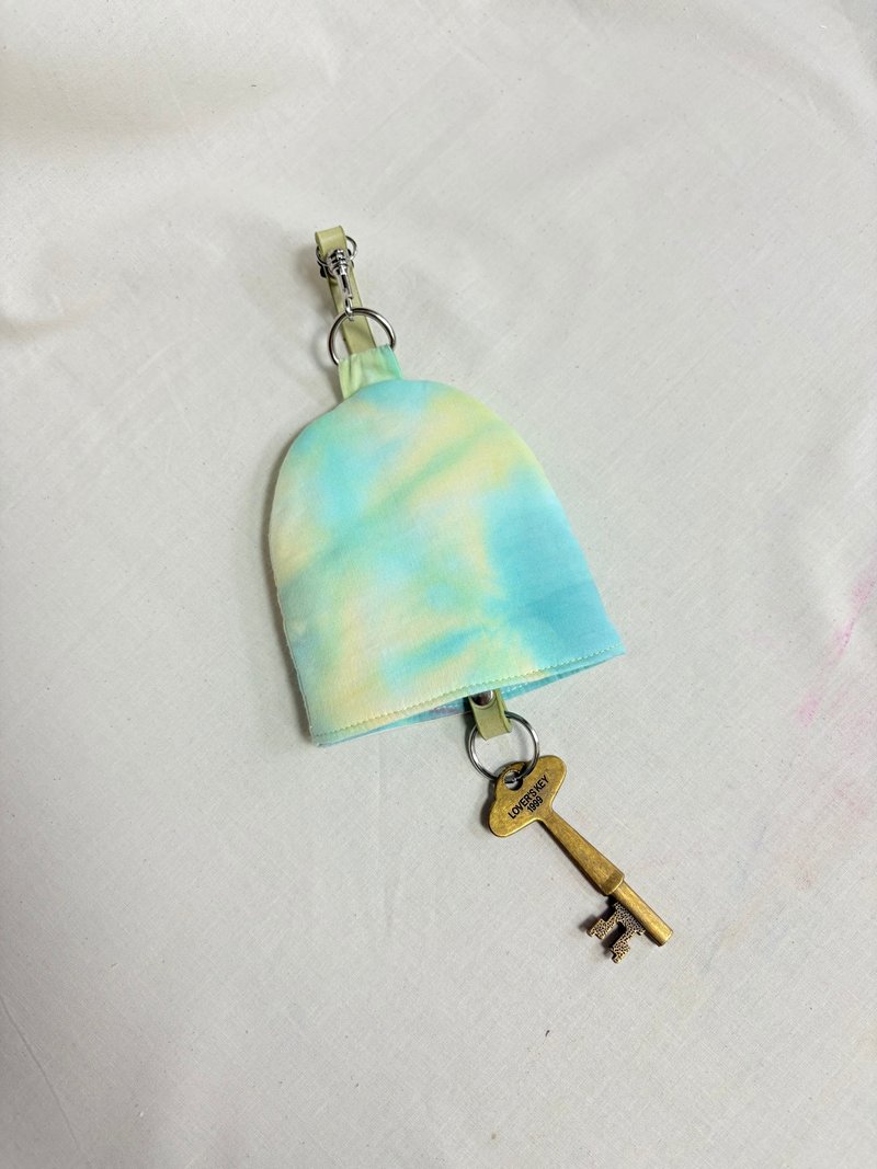 秋綠白金皮條手染布鑰匙包 - 鑰匙圈/鑰匙包 - 棉．麻 綠色