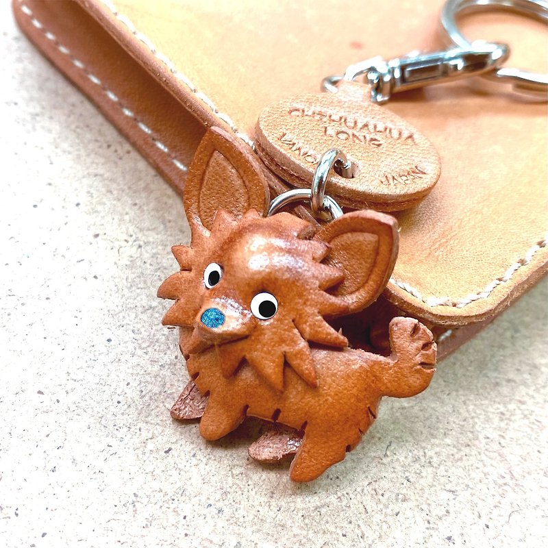 Long hair Chihuahua mini leather keychain /lead charm/ handmade in Japan VANCA - ที่ห้อยกุญแจ - หนังแท้ สีนำ้ตาล