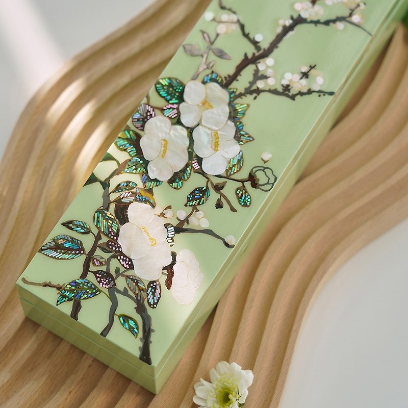 Camellia and Plum Blossom, Mother-of-pearl Craft Box, Mint - Storage - Wood Green