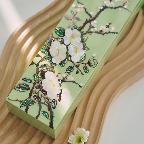 MIZI Art, mother-of-pearl crafts by Korean artist Camellia and Plum Blossom, Mother-of-pearl Craft Box, Mint