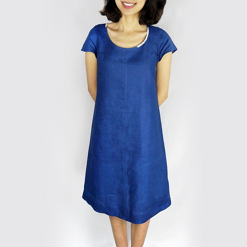 Zhuo Ye Blue Dye-Long Linen Dress - ชุดเดรส - วัสดุอื่นๆ สีน้ำเงิน
