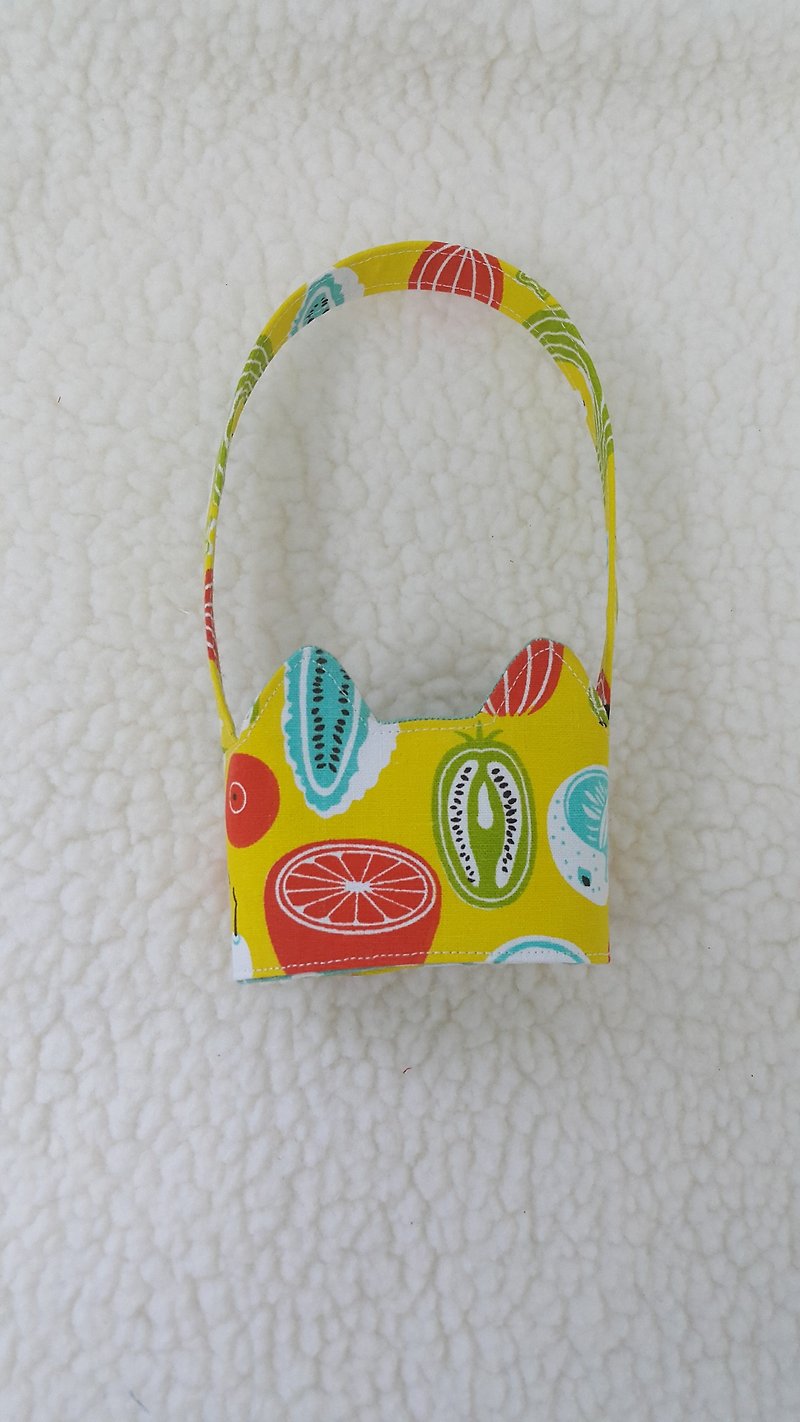 Cat ears with fruits and vegetables take the green drink cup sleeve bag / double-sided available - Beverage Holders & Bags - Cotton & Hemp Yellow