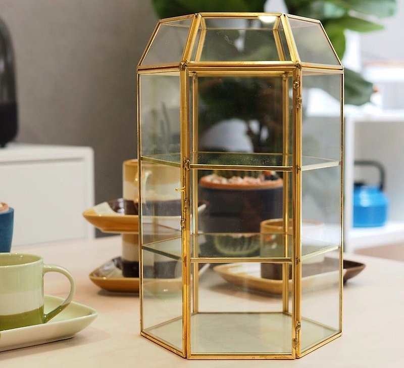 Pre-ordered vintage handmade brass glass three-story house jewelry cabinet - กล่องเก็บของ - แก้ว 