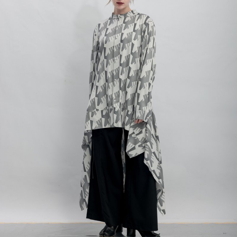 INF 立領不對稱垂墜剪裁印花襯衫 / 寂靜灰 - 女襯衫 - 聚酯纖維 銀色