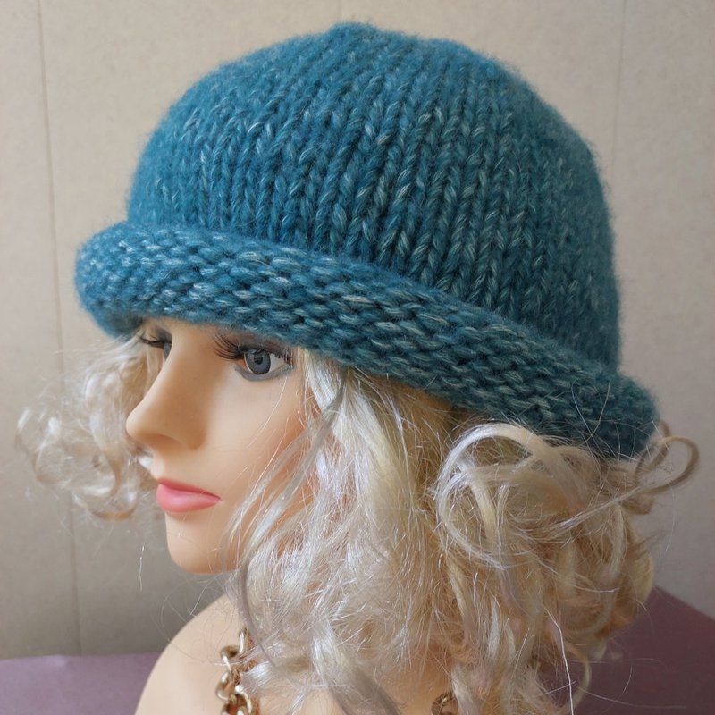 Stylish hat. Jeans effect. Merino wool, cotton. Sea wave color - Hats & Caps - Wool Blue