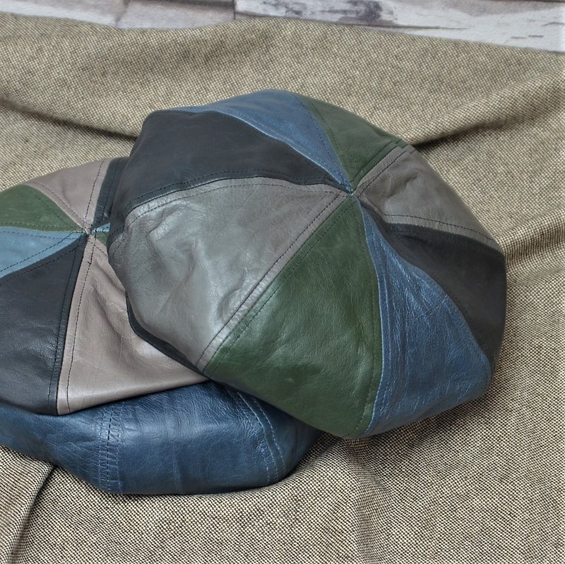 貝雷帽 羊皮藝術家 藍綠灰黑混色 軍風扁帽 韓風流行皮帽 - 帽子 - 真皮 多色