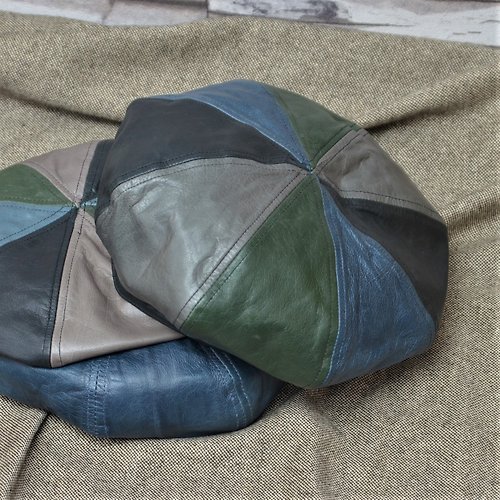 MAJORLIN 貝雷帽 羊皮藝術家 藍綠灰黑混色 軍風扁帽 韓風流行皮帽
