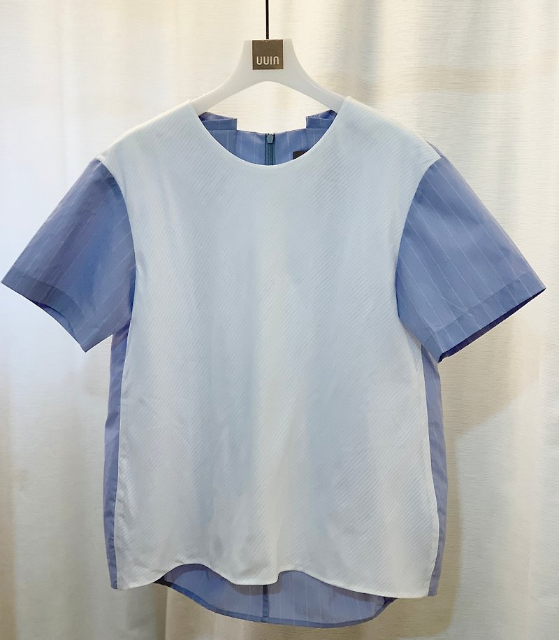 UUIN _ Spliced ​​blue and white striped short-sleeved top - Women's Tops - Cotton & Hemp Multicolor