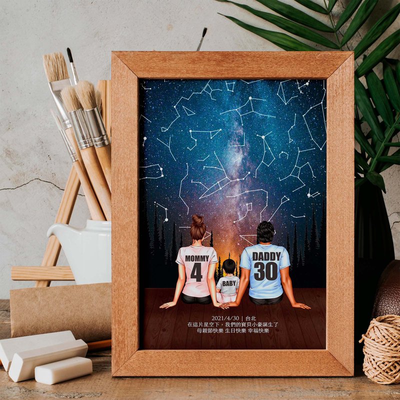 客製化生日禮物母親節禮物紀念生日相遇當天的真實星空夜晚A6木框 - 擺飾/家飾品 - 木頭 藍色