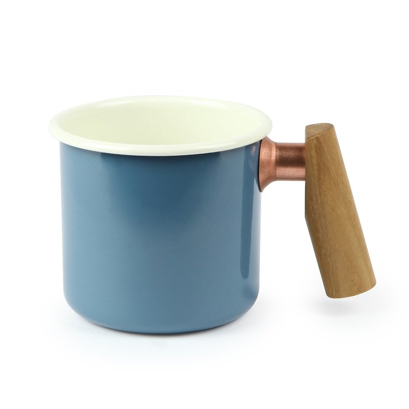Wooden handle enamel mug 400ml (Blue) - แก้วมัค/แก้วกาแฟ - วัตถุเคลือบ สีน้ำเงิน