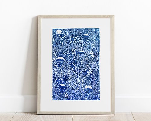 daashart Holiday winter wall art Linocut print Blue forest with houses Original artwork