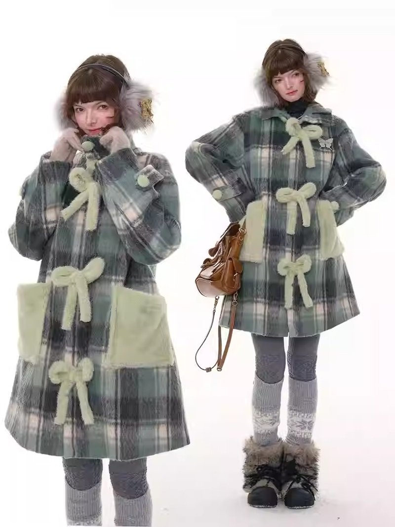ziziFei秋冬美式復古格紋設計感中長款蝴蝶結綠色毛大衣外套女 - 女上衣/長袖上衣 - 其他材質 