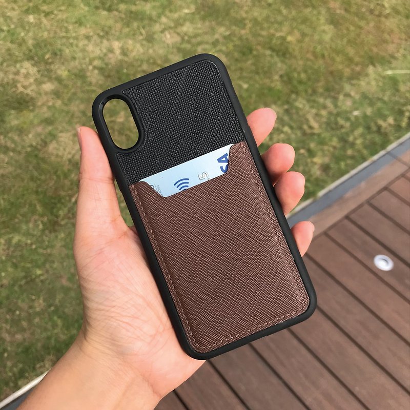 【iPhone Case W/CardSlot】Black Saffiano | Embossed | Handmade Leather in HK - Phone Cases - Genuine Leather Black