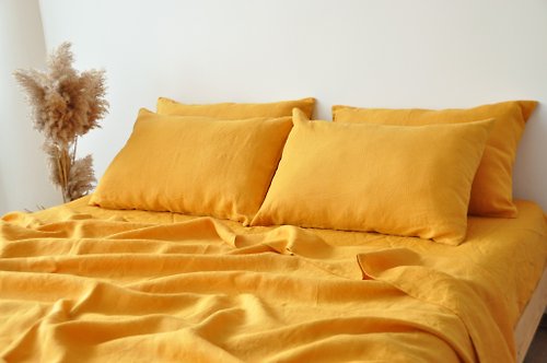 True Things Turmeric linen sheet set / Flat+fitted sheet+2 pillowcases / Yellow bedding