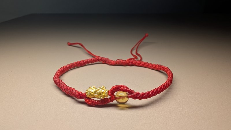 【Series of gold】Pure Gold Pixiu handwoven Thai waxed cords bracelet (Type B) - Bracelets - Sterling Silver Silver