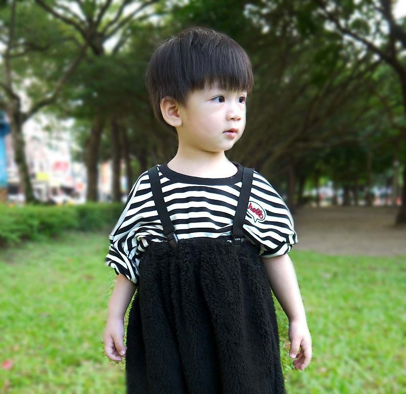 DOMOMO-Hello Drop Shoulder Sleeve Striped Top Baby Top - เสื้อยืด - ผ้าฝ้าย/ผ้าลินิน สีดำ