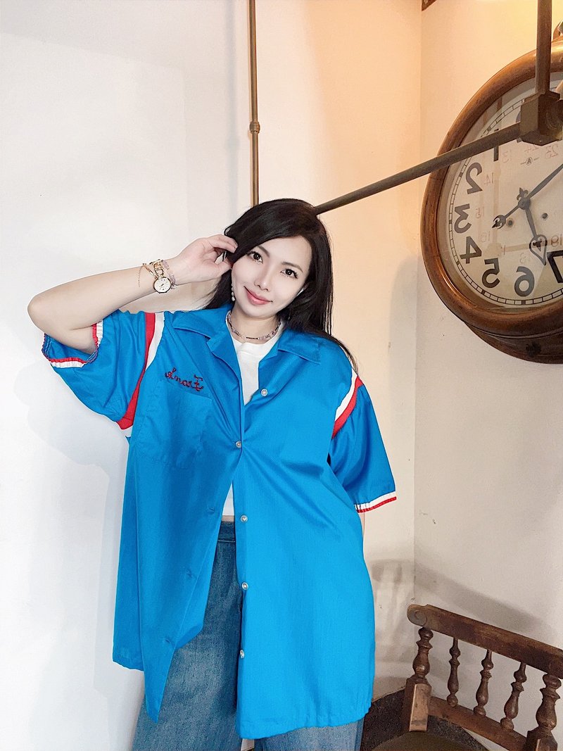 青青天空藍x紅x白撞色 保齡球衫bowling shirt ボウリングシャツ - 男襯衫/休閒襯衫 - 棉．麻 多色