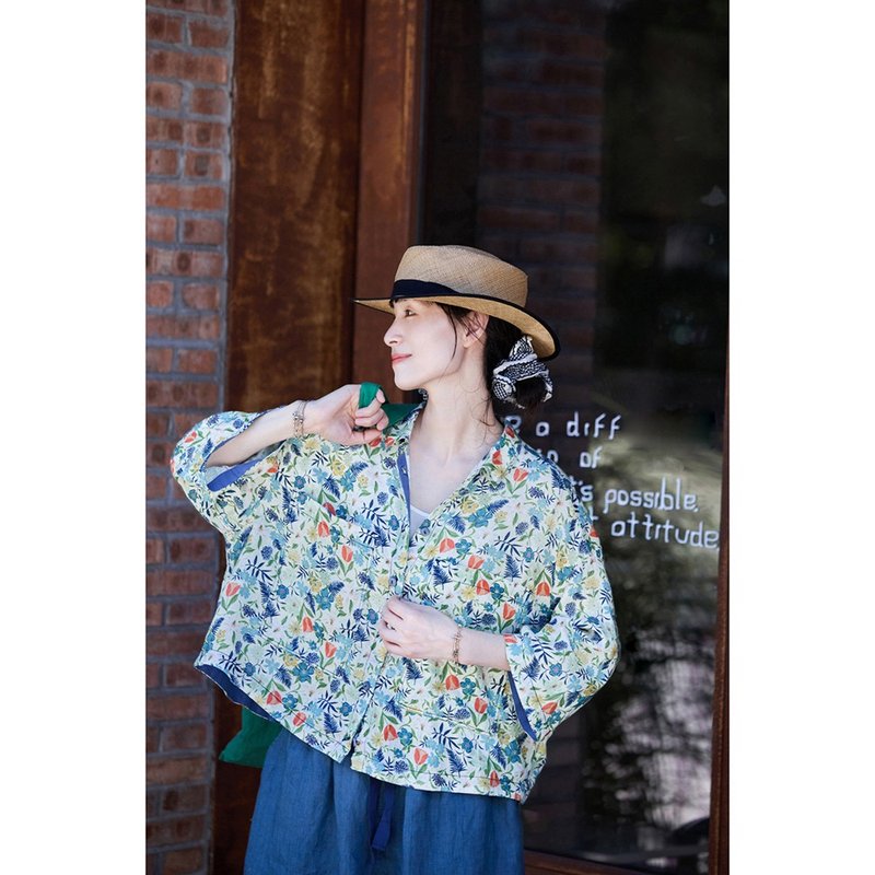 青草藍亞麻防曬清涼印花薄襯衫 - 女襯衫 - 棉．麻 